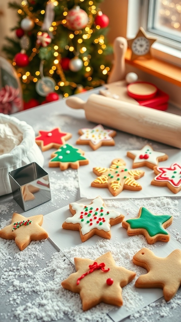 A table filled with decorated Christmas cookies, baking supplies, and a festive atmosphere.